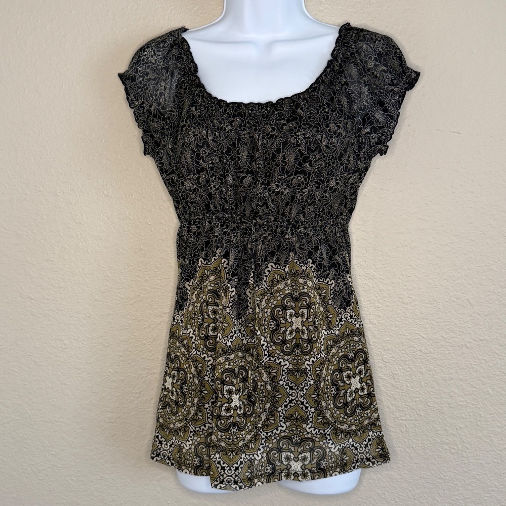 Fairy Grunge‎ Indie Boho Babydoll Floral Paisley Smocked Top Womens Small Goth